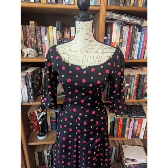 Vintage 50s Handmade Women's Small 100% Silk Black Pink Party Midi Dress Evening - Picture 2 of 14